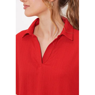 Kırmızı Oversize Polo Yaka Örme Bluz 0486