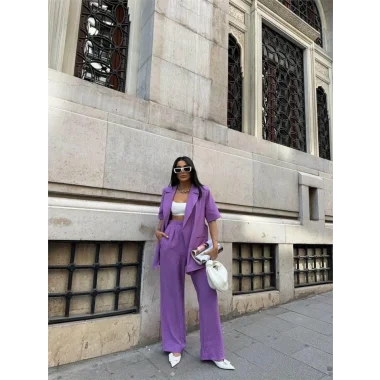 KISA KOL BAĞLAMA DETAYLI CEKET-PANTOLON TAKIM - Mor