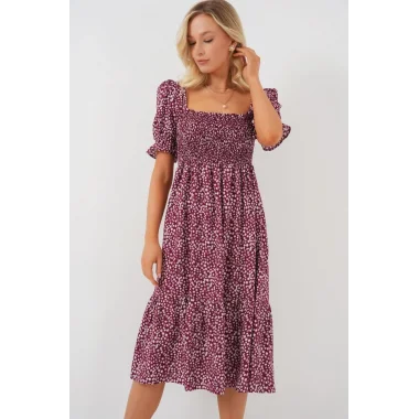Kısa Kol Çiçekli Elbise 2556 - Bordo