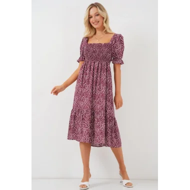 Kısa Kol Çiçekli Elbise 2556 - Bordo