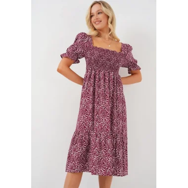 Kısa Kol Çiçekli Elbise 2556 - Bordo