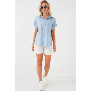 Kısa Kol Çizgili Oversize Gömlek 20303 - Mavi