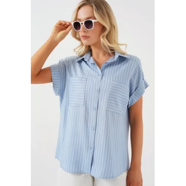 Kısa Kol Çizgili Oversize Gömlek 20303 - Mavi