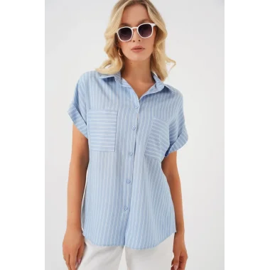 Kısa Kol Çizgili Oversize Gömlek 20303 - Mavi