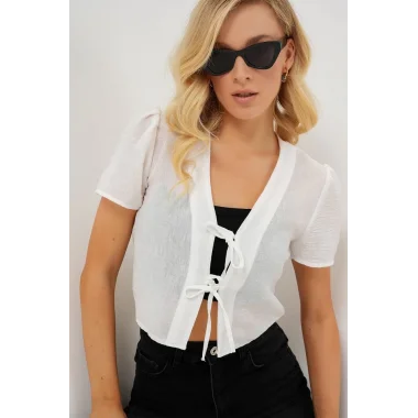 Kısa Kol Crop Bluz 958 - Beyaz