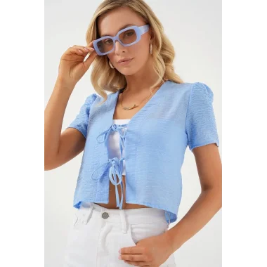 Kısa Kol Crop Bluz 958 - Mavi