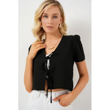 Kısa Kol Crop Bluz 958 - Siyah