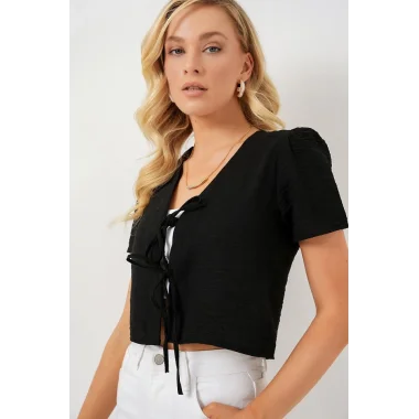 Kısa Kol Crop Bluz 958 - Siyah