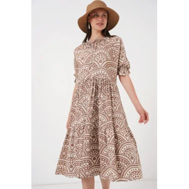 Kısa Kol Desenli Elbise 2553 - Bej