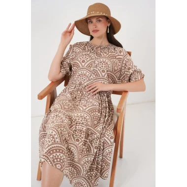 Kısa Kol Desenli Elbise 2553 - Bej