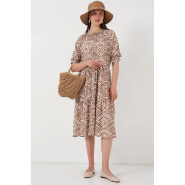 Kısa Kol Desenli Elbise 2553 - Bej