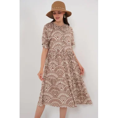 Kısa Kol Desenli Elbise 2553 - Bej