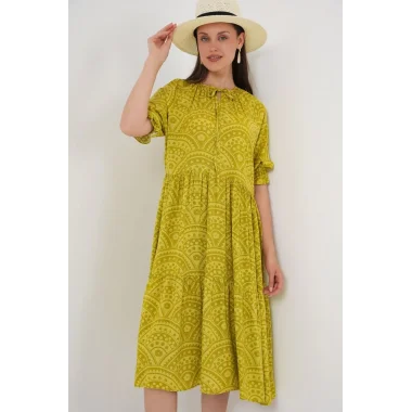 Kısa Kol Desenli Elbise 2553 - E.Yeşil