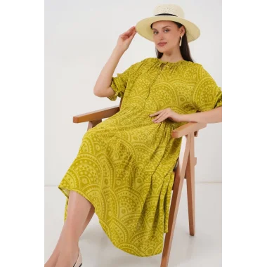 Kısa Kol Desenli Elbise 2553 - E.Yeşil