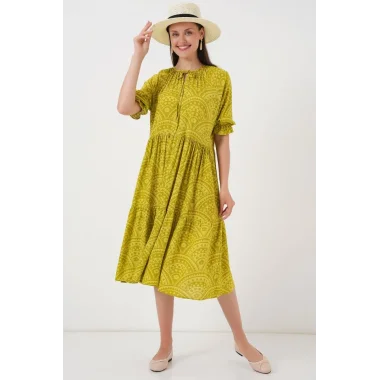 Kısa Kol Desenli Elbise 2553 - E.Yeşil