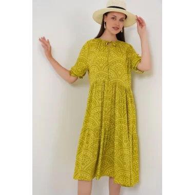 Kısa Kol Desenli Elbise 2553 - E.Yeşil