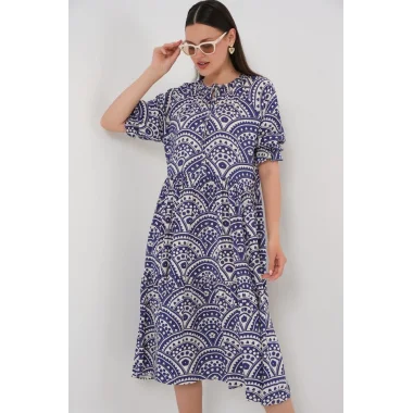Kısa Kol Desenli Elbise 2553 - İndigo