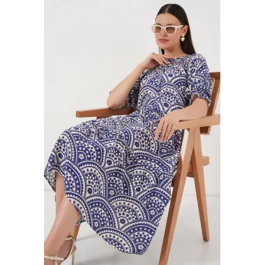 Kısa Kol Desenli Elbise 2553 - İndigo