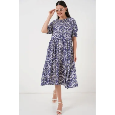 Kısa Kol Desenli Elbise 2553 - İndigo