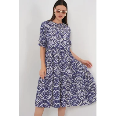 Kısa Kol Desenli Elbise 2553 - İndigo