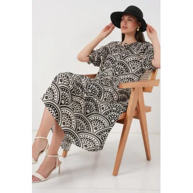 Kısa Kol Desenli Elbise 2553 - Siyah