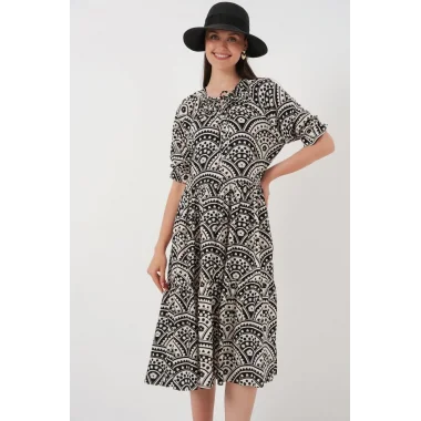 Kısa Kol Desenli Elbise 2553 - Siyah