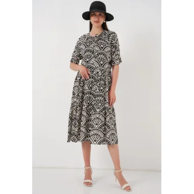 Kısa Kol Desenli Elbise 2553 - Siyah