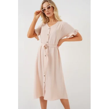 Kısa Kol Düğmeli Elbise 2555 - Krem