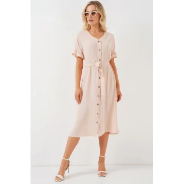 Kısa Kol Düğmeli Elbise 2555 - Krem