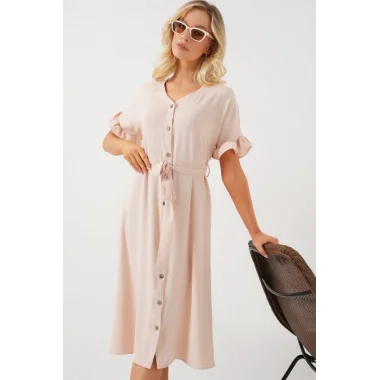 Kısa Kol Düğmeli Elbise 2555 - Krem