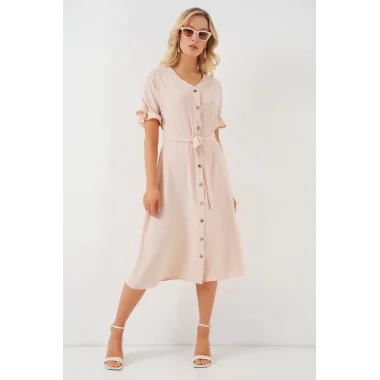 Kısa Kol Düğmeli Elbise 2555 - Krem