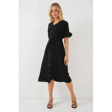 Kısa Kol Düğmeli Elbise 2555 - Siyah