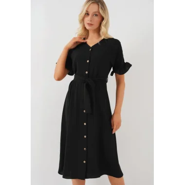 Kısa Kol Düğmeli Elbise 2555 - Siyah