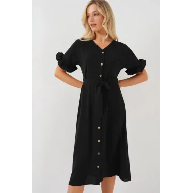 Kısa Kol Düğmeli Elbise 2555 - Siyah