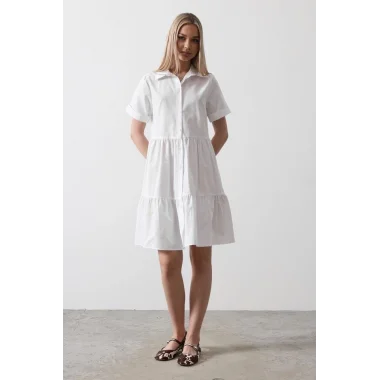 Kısa Kol Düğmeli Elbise - Beyaz