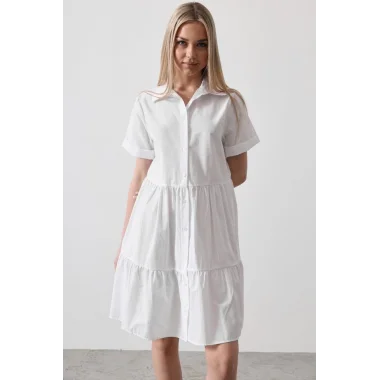 Kısa Kol Düğmeli Elbise - Beyaz