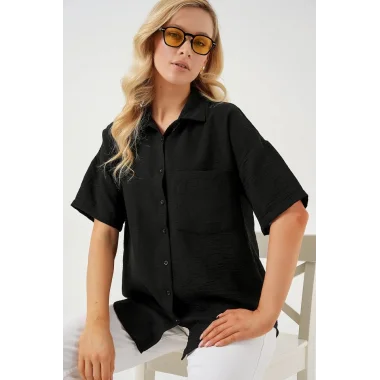 Kısa Kol Keten Görünümlü Gömlek 20336 - Siyah