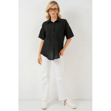 Kısa Kol Keten Görünümlü Gömlek 20336 - Siyah