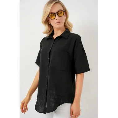 Kısa Kol Keten Görünümlü Gömlek 20336 - Siyah