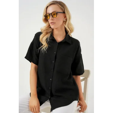 Kısa Kol Keten Görünümlü Gömlek 20336 - Siyah
