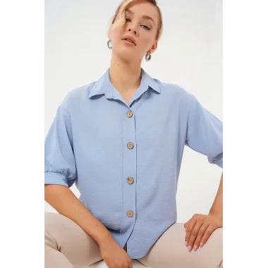Kısa Kol Oversize Keten Gömlek 20240 - B.Mavi