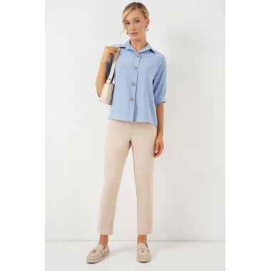 Kısa Kol Oversize Keten Gömlek 20240 - B.Mavi