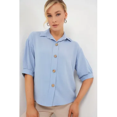 Kısa Kol Oversize Keten Gömlek 20240 - B.Mavi