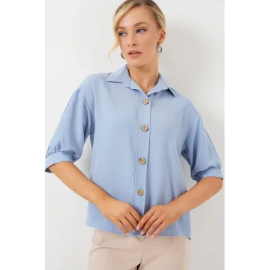 Kısa Kol Oversize Keten Gömlek 20240 - B.Mavi
