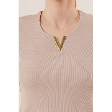 Kısa Kollu Yaka Detaylı Kaşkorse Taş Bluz