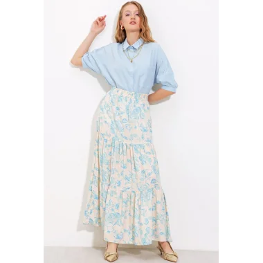 Krem Mavi Desenli Uzun Viskon Etek 1898