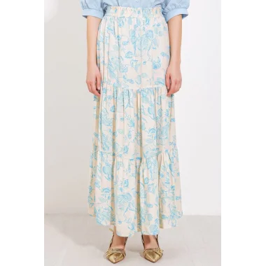 Krem Mavi Desenli Uzun Viskon Etek 1898