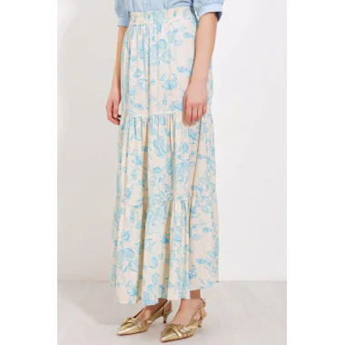 Krem Mavi Desenli Uzun Viskon Etek 1898