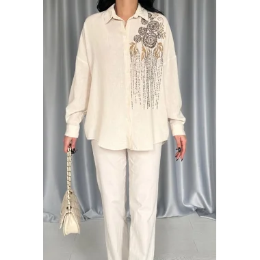 Krem Pulpayet Nakışlı Bedensiz Gömlek