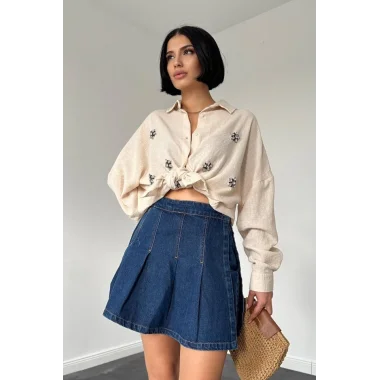 Krem Taş İşlemeli Gömlek